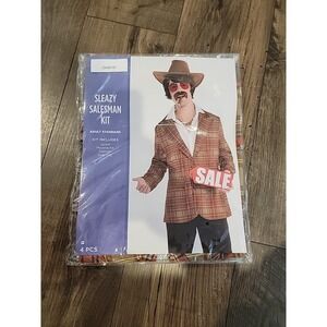 Mens 70's Plaid Leisure Suit Costume Car Shoe Salesman Mustache Bundy to size 44